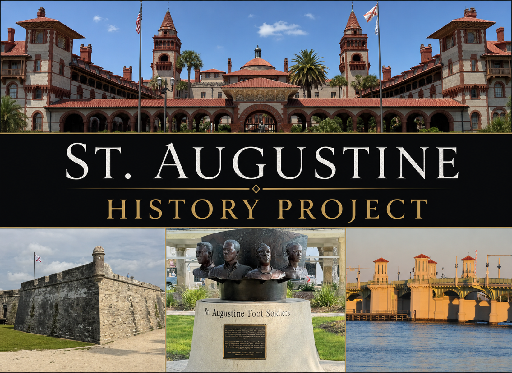 St. Augustine History Project scenes featuring Flagler College, Castillo de San Marcos, the Foot Soldiers Monument, and the Bridge of Lions