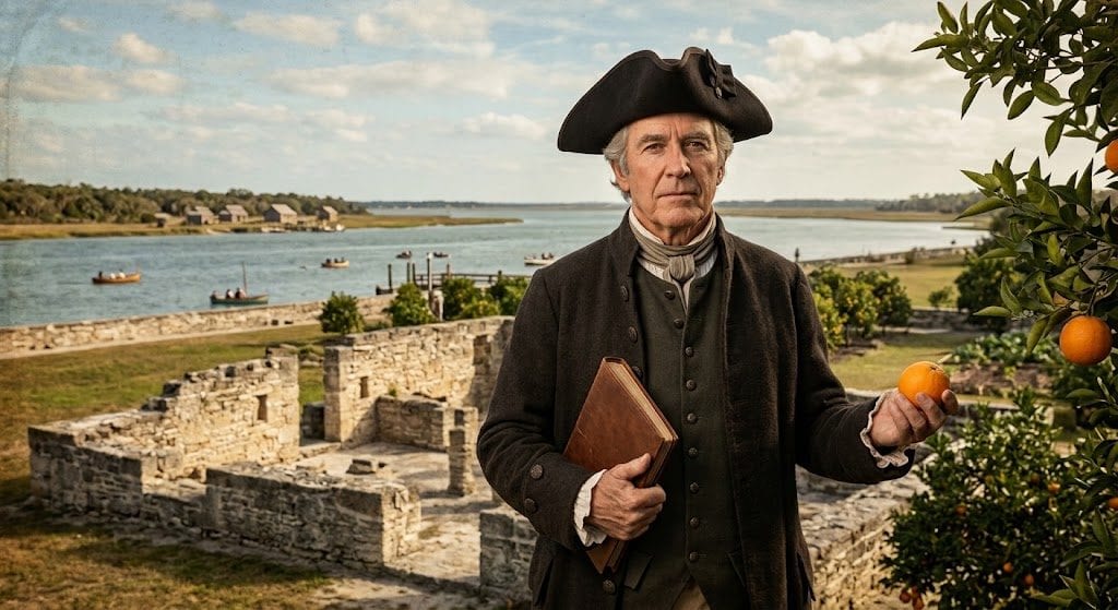An older Jesse Fish in 18th-century attire stands on an elevated bank of the Matanzas River holding a merchant's ledger and a ripe orange, framed by the coquina stone ruins of his El Vergel estate and a citrus grove.